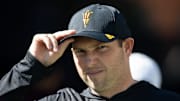 Nov 30, 2024; Tucson, Arizona, USA; Arizona State Sun Devils head coach Kenny Dillingham against the Arizona Wildcats during the Territorial Cup at Arizona Stadium. Mandatory Credit: Mark J. Rebilas-Imagn Images