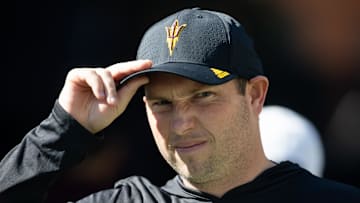 Nov 30, 2024; Tucson, Arizona, USA; Arizona State Sun Devils head coach Kenny Dillingham against the Arizona Wildcats during the Territorial Cup at Arizona Stadium. Mandatory Credit: Mark J. Rebilas-Imagn Images