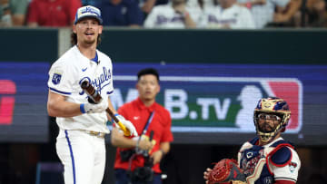 Jul 15, 2024; Arlington, TX, USA; American League shortstop Bobby Witt Jr. of the Kansas City Royals (7) reacts during the 2024 Home Run Derby at Globe Life Field. Mandatory Credit: Kevin Jairaj-USA TODAY Sports