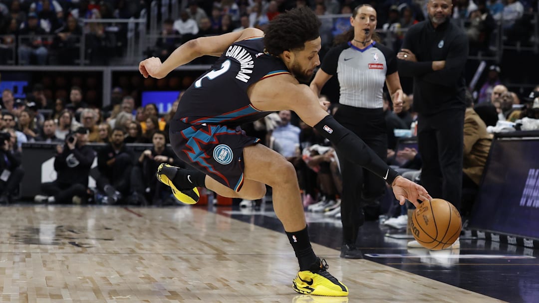 Jan 17, 2026; Detroit, Michigan, USA;  Detroit Pistons guard Cade Cunningham (2) saves the ball in the first half against the Indiana Pacers at Little Caesars Arena. Mandatory Credit: Rick Osentoski-Imagn Images