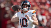 August 9, 2025; Santa Clara, California, USA; Denver Broncos quarterback Bo Nix (10) warms up before the game against the San Francisco 49ers at Levi's Stadium. Mandatory Credit: Kyle Terada-Imagn Images