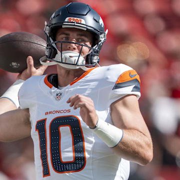 August 9, 2025; Santa Clara, California, USA; Denver Broncos quarterback Bo Nix (10) warms up before the game against the San Francisco 49ers at Levi's Stadium.