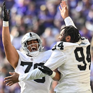 Aug 10, 2024; Minneapolis, Minnesota, USA; Las Vegas Raiders defensive end Ron Stone Jr. (76) and defensive tackle Christian Wilkins (94) react during the game against the Minnesota Vikings at U.S. Bank Stadium. Mandatory Credit: Jeffrey Becker-Imagn Images