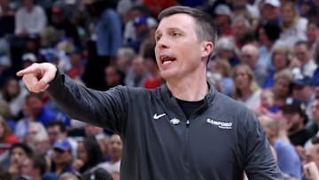 Mar 21, 2024; Salt Lake City, UT, USA; Samford Bulldogs head coach Bucky McMillan during the second half in the first round of the 2024 NCAA Tournament against the Kansas Jayhawks at Vivint Smart Home Arena-Delta Center. Mandatory Credit: Rob Gray-Imagn Images