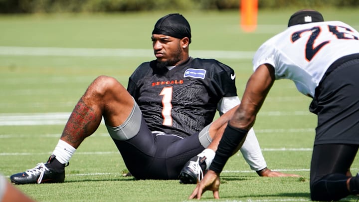 Cincinnati Bengals wide receiver Ja'Marr Chase (1) stretches during training, Wednesday, Sept. 4, 2024, at the Kettering Health Practice Fields outside of Paycor Stadium in Cincinnati.