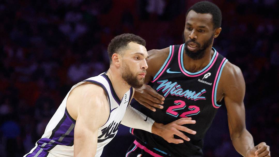 Dec 6, 2025; Miami, Florida, USA; Miami Heat forward Andrew Wiggins (22) defends Sacramento Kings guard Zach LaVine (8) during the second half at Kaseya Center. Mandatory Credit: Rhona Wise-Imagn Images Dec 6, 2025; Miami, Florida, USA; Miami Heat forward Andrew Wiggins (22) defends Sacramento Kings guard Zach LaVine (8) during the second half at Kaseya Center. Mandatory Credit: Rhona Wise-Imagn Images