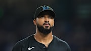 Sep 26, 2025; Miami, Florida, USA; Miami Marlins starting pitcher Sandy Alcantara (22) exits the game against the New York Mets during the eighth inning at loanDepot Park. Mandatory Credit: Sam Navarro-Imagn Images