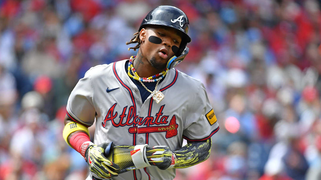 Mar 31, 2024; Philadelphia, Pennsylvania, USA; Atlanta Braves right fielder Ronald Acuna, Jr (13)