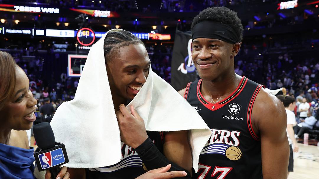 Apr 15, 2026; Philadelphia, Pennsylvania, USA; Philadelphia 76ers guard Tyrese Maxey (0) celebrates with guard Vj Edgecombe (77) after a win against the Orlando Magic in a play-in round of the 2026 NBA Playoffs at Xfinity Mobile Arena. Mandatory Credit: Bill Streicher-Imagn Images