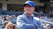 Sep 17, 2023; New York City, New York, USA; New York Mets owner Steve Cohen on the field before a game against the Cincinnati Reds at Citi Field.