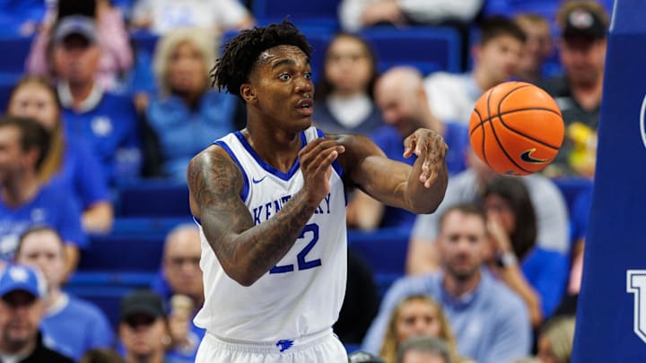 Oct 23, 2024; Lexington, KY, USA; Kentucky Wildcats center Amari Williams (22) inbounds the ball during the second half against the Kentucky Wesleyan Panthers at Rupp Arena at Central Bank Center. Mandatory Credit: Jordan Prather-Imagn Images