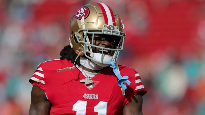 Dec 4, 2022; Santa Clara, California, USA; San Francisco 49ers wide receiver Brandon Aiyuk (11) before the game against the Miami Dolphins at Levi's Stadium. Mandatory Credit: Sergio Estrada-USA TODAY Sports