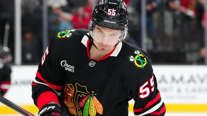 Mar 14, 2026; Las Vegas, Nevada, USA; Chicago Blackhawks defenseman Artyom Levshunov (55) warms up before a game against the Vegas Golden Knights at T-Mobile Arena. Mandatory Credit: Stephen R. Sylvanie-Imagn Images