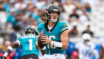 Oct 6, 2024; Jacksonville, Florida, USA; Jacksonville Jaguars quarterback Trevor Lawrence (16) drops back to pass against the Indianapolis Colts in the first quarter at EverBank Stadium.