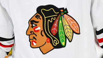 Feb 14, 2023; Montreal, Quebec, CAN; View of a Chicago Blackhawks logo on a jersey worn by a member of the team against the Montreal Canadiens during the third period at Bell Centre. Mandatory Credit: David Kirouac-USA TODAY Sports
