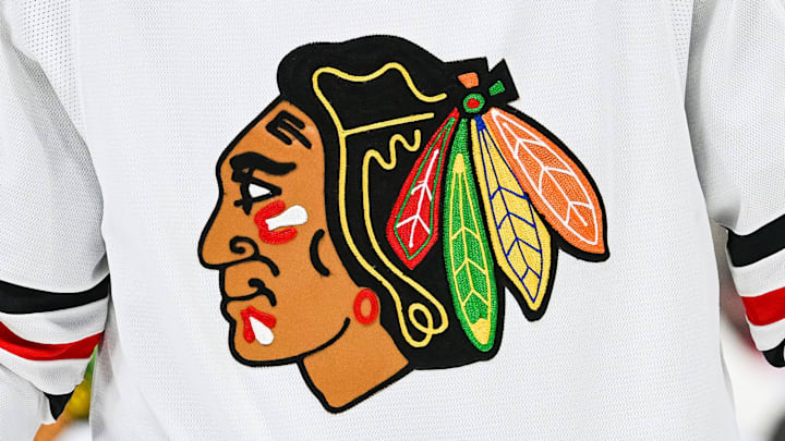 Feb 14, 2023; Montreal, Quebec, CAN; View of a Chicago Blackhawks logo on a jersey worn by a member of the team against the Montreal Canadiens during the third period at Bell Centre. Mandatory Credit: David Kirouac-USA TODAY Sports