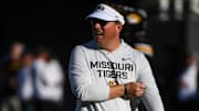 Aug 28, 2025; Columbia, MO, USA; Missouri Tigers head coach Eli Drinkwitz stands on the field before the start of their matchup with the Central Arkansas Bears in Faurot Field at Memorial Stadium. 