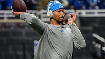 Detroit Lions quarterback Hendon Hooker (2) warms up before the game between Detroit Lions and Minnesota Vikings at Ford Field in Detroit on Sunday, Jan. 5, 2025.