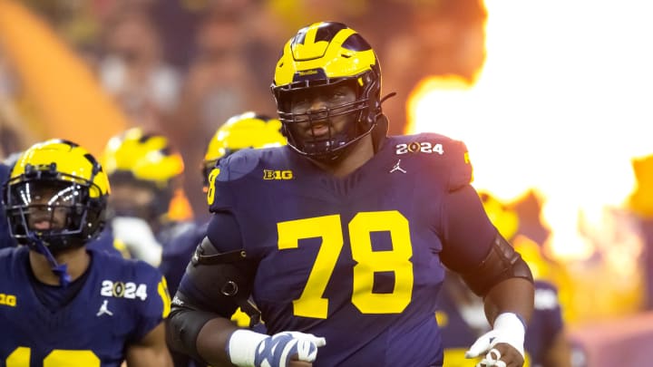 Jan 8, 2024; Houston, TX, USA; Michigan Wolverines offensive lineman Myles Hinton (78) against the Washington Huskies during the 2024 College Football Playoff national championship game at NRG Stadium. Mandatory Credit: Mark J. Rebilas-USA TODAY Sports