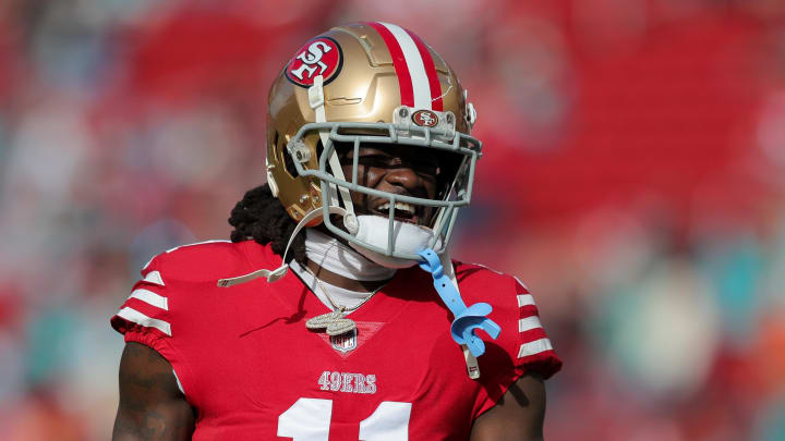 Dec 4, 2022; Santa Clara, California, USA; San Francisco 49ers wide receiver Brandon Aiyuk (11) before the game against the Miami Dolphins at Levi's Stadium. Mandatory Credit: Sergio Estrada-USA TODAY Sports