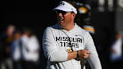 Aug 28, 2025; Columbia, MO, USA; Missouri Tigers head coach Eli Drinkwitz stands on the field before the start of their matchup with the Central Arkansas Bears in Faurot Field at Memorial Stadium. 