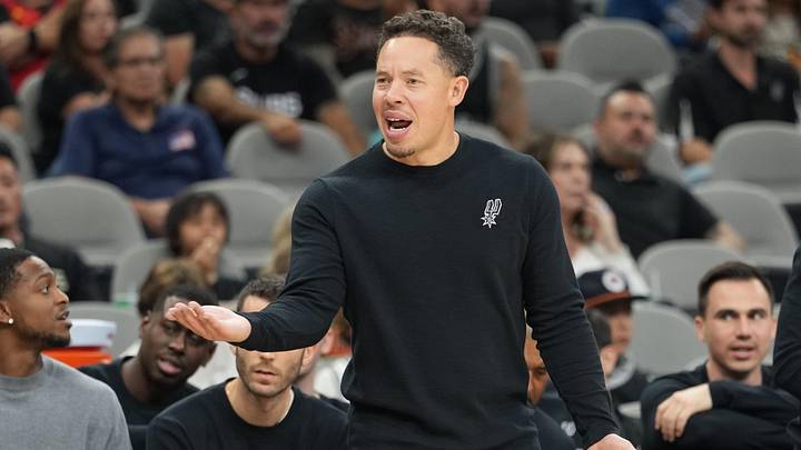 Oct 17, 2025; San Antonio, Texas, USA; San Antonio Spurs head coach Mitch Johnson argues a call with an official during the first half against the Indiana Pacers at Frost Bank Center. Mandatory Credit: Scott Wachter-Imagn Images