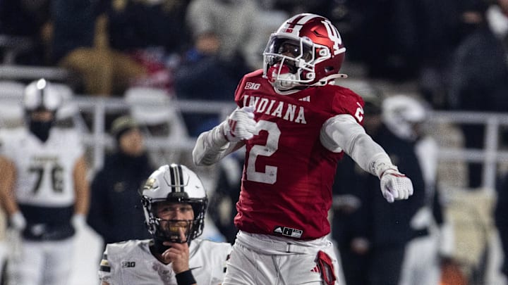 Indiana Hoosiers linebacker Jailin Walker (2) celebrates the sack of Purdue Boilermakers quarterback Ryan Browne (15) in the second half at Memorial Stadium.