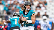 Oct 6, 2024; Jacksonville, Florida, USA; Jacksonville Jaguars quarterback Trevor Lawrence (16) drops back to pass against the Indianapolis Colts in the first quarter at EverBank Stadium. Mandatory Credit: Nathan Ray Seebeck-Imagn Images
