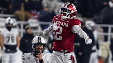 Indiana Hoosiers linebacker Jailin Walker (2) celebrates the sack of Purdue Boilermakers quarterback Ryan Browne (15) in the second half at Memorial Stadium.