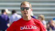 SMU Mustangs coach Rhett Lashlee before the game between the TCU Horned Frogs and the SMU Mustangs at Amon G. Carter Stadium.
