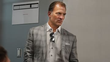 Aug 27, 2024; Columbus, OH, United States; Ohio State athletic director Ross Bjork watches as football coaches speak with the media August 27, 2024 in the team meeting room.