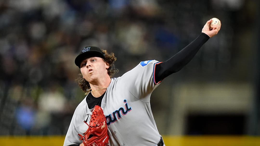 Sep 17, 2025; Denver, Colorado, USA; Miami Marlins starting pitcher Ryan Weathers (35) delivers a pitch in the first inning against the Colorado Rockies at Coors Field. Mandatory Credit: Ron Chenoy-Imagn Images