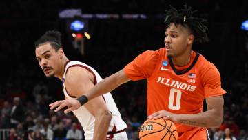 Mar 28, 2024; Boston, MA, USA; Illinois Fighting Illini guard Terrence Shannon Jr. (0) dribbles the ball against the Iowa State Cyclones in the semifinals of the East Regional of the 2024 NCAA Tournament at TD Garden. Mandatory Credit: Brian Fluharty-USA TODAY Sports