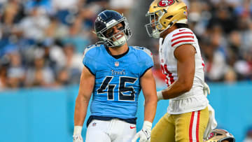 Aug 10, 2024; Nashville, Tennessee, USA;  Tennessee Titans linebacker Chance Campbell (45) reacts after a tackle for loss against the San Francisco 49ers during the first half at Nissan Stadium