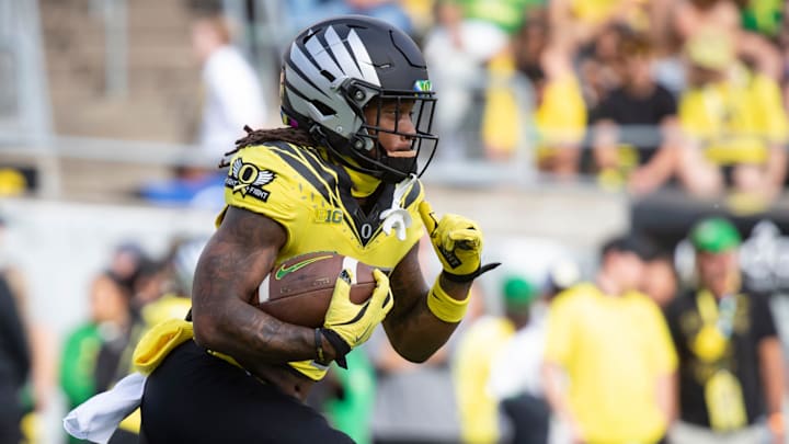 Oregon running back Jordan James warms up as the No. 1 Oregon Ducks host the No. 21 Illinois Fighting Illini on Saturday, Oct. 26, 2024, at Autzen Stadium in Eugene, Ore.