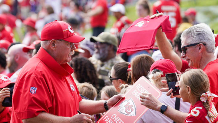 Jul 24, 2023; St. Joseph, MO, USA; Kansas City Chiefs head coach Andy Reid signs autographs for fans during training camp at Missouri Western State University. Mandatory Credit: Denny Medley-USA TODAY Sports