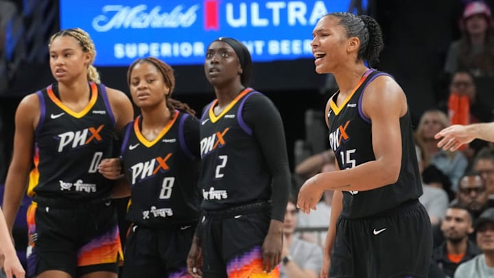 Phoenix Mercury forward Alyssa Thomas (25) yells out to the referee after a foul call in their game against the Los Angeles Sparks at PHX Arena on Sept. 9, 2025. Phoenix Mercury forward Alyssa Thomas (25) yells out to the referee after a foul call in their game against the Los Angeles Sparks at PHX Arena on Sept. 9, 2025.