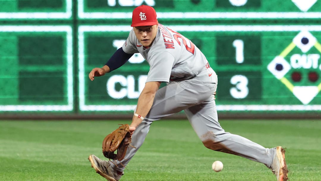 Apr 29, 2026; Pittsburgh, Pennsylvania, USA;  St. Louis Cardinals second baseman JJ Wetherholt (26) fields a ground ball for an out against Pittsburgh Pirates left fielder Bryan Reynolds (not pictured) during the ninth inning at PNC Park. Mandatory Credit: Charles LeClaire-Imagn Images