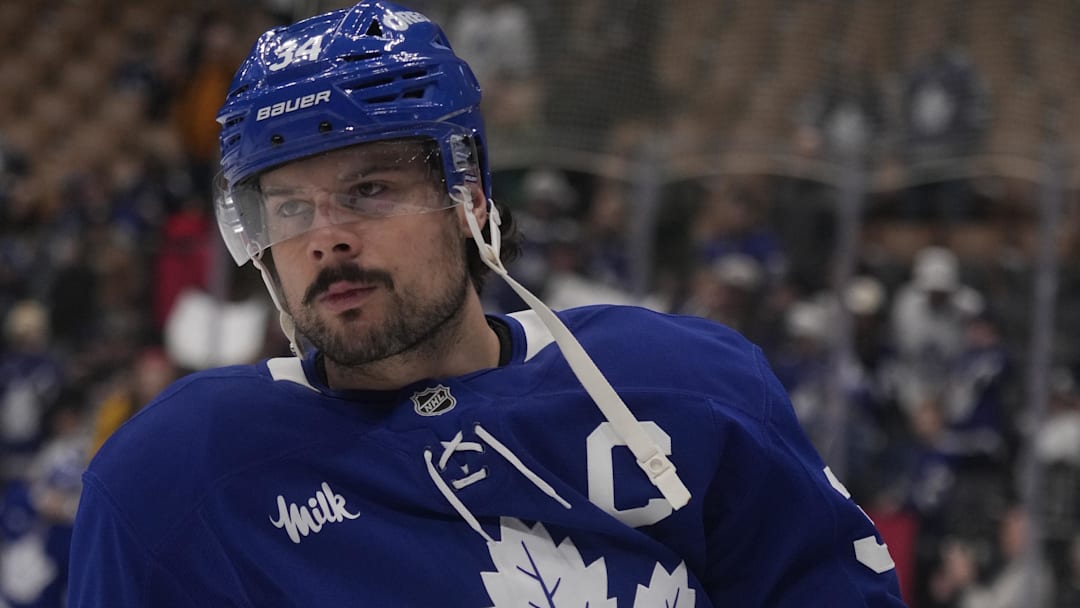 Mar 12, 2026; Toronto, Ontario, CAN; Toronto Maple Leafs forward Auston Matthews (34) skates during warm up before a game against the Anaheim Ducks at Scotiabank Arena. Mandatory Credit: John E. Sokolowski-Imagn Images