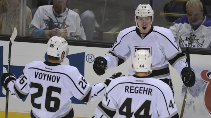 Tyler Toffoli celebrates after scoring a goal against the San Jose Sharks