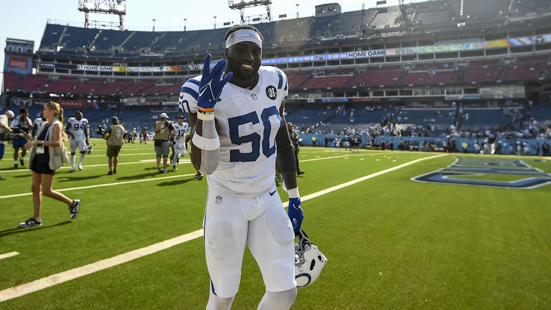 Sep 21, 2025; Nashville, Tennessee, USA; Indianapolis Colts linebacker Segun Olubi (50) after the game at Nissan Stadium. Mandatory Credit: Steve Roberts-Imagn Images