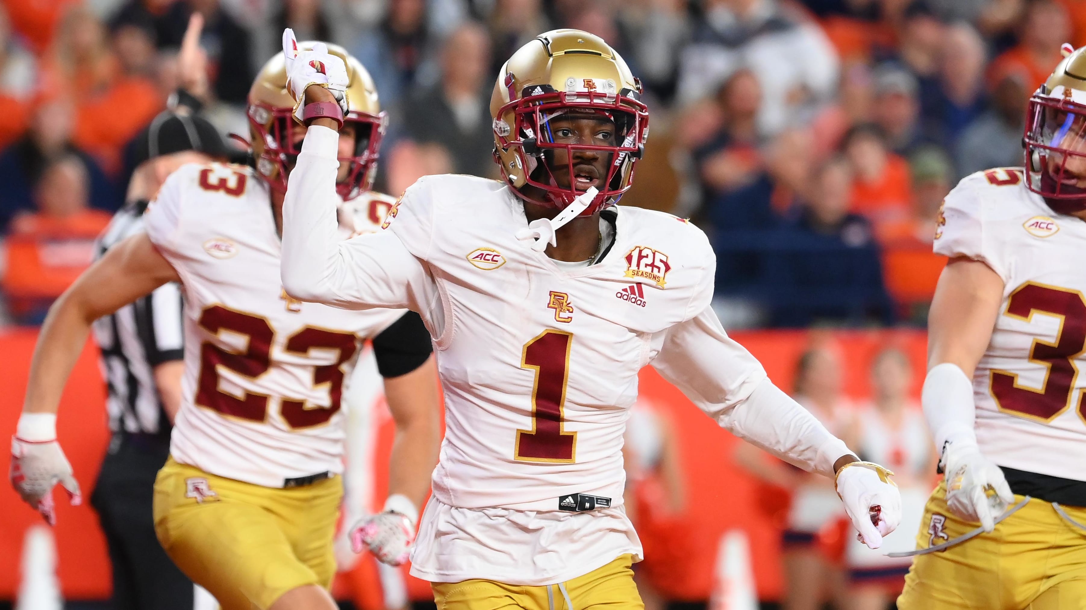 Boston College Eagles defensive back Elijah Jones celebrates after a play.