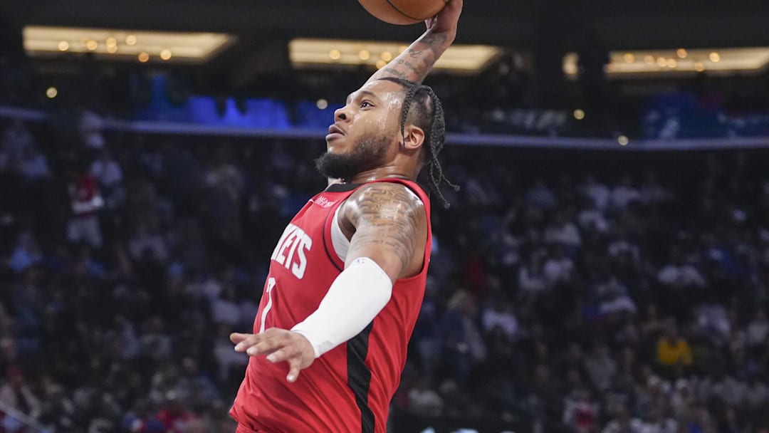 Apr 9, 2025; Inglewood, California, USA; Houston Rockets guard Cam Whitmore (7) dunks against the Los Angeles Clippers in the second half at Intuit Dome. Mandatory Credit: Kirby Lee-Imagn Images