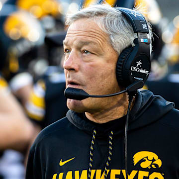 Iowa head coach Kirk Ferentz looks on during a NCAA Big Ten Conference football game against Nebraska, Friday, Nov. 25, 2022, at Kinnick Stadium in Iowa City, Iowa.