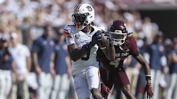 Sep 27, 2025; College Station, Texas, USA; Auburn Tigers wide receiver Cam Coleman makes a reception.