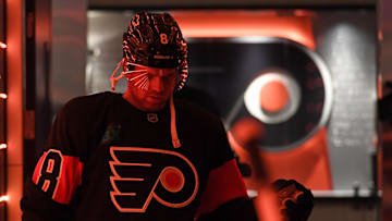 Feb 25, 2025; Philadelphia, Pennsylvania, USA; Philadelphia Flyers defenseman Cam York (8) in the tunnel against the Pittsburgh Penguins at Wells Fargo Center.