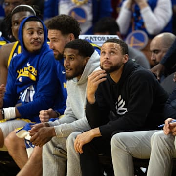 Golden State Warriors bench against Portland Trail Blazers at Chase Center. 