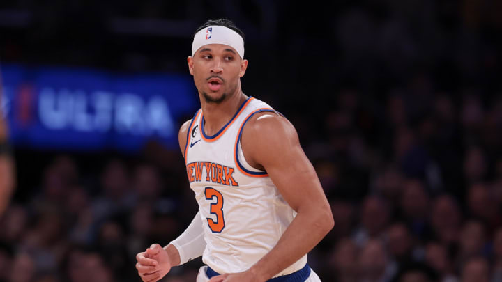 Mar 7, 2023; New York, New York, USA; New York Knicks guard Josh Hart (3) runs up court against the Charlotte Hornets during the first half at Madison Square Garden. Mandatory Credit: Vincent Carchietta-USA TODAY Sports