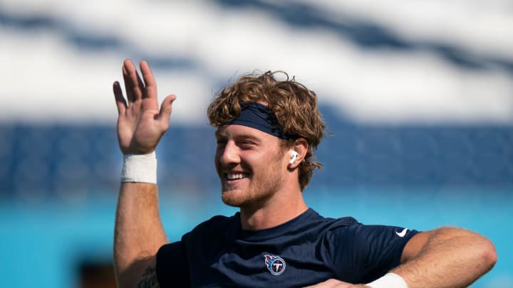 Tennessee Titans quarterback Will Levis (8) warms up before their first preseason game of the 2024-25 season against the San Francisco 49ers at Nissan Stadium Saturday, Aug. 10, 2024.