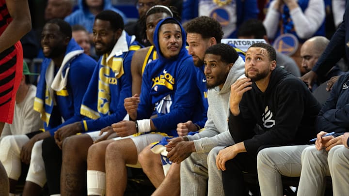 Golden State Warriors bench against Portland Trail Blazers at Chase Center. 